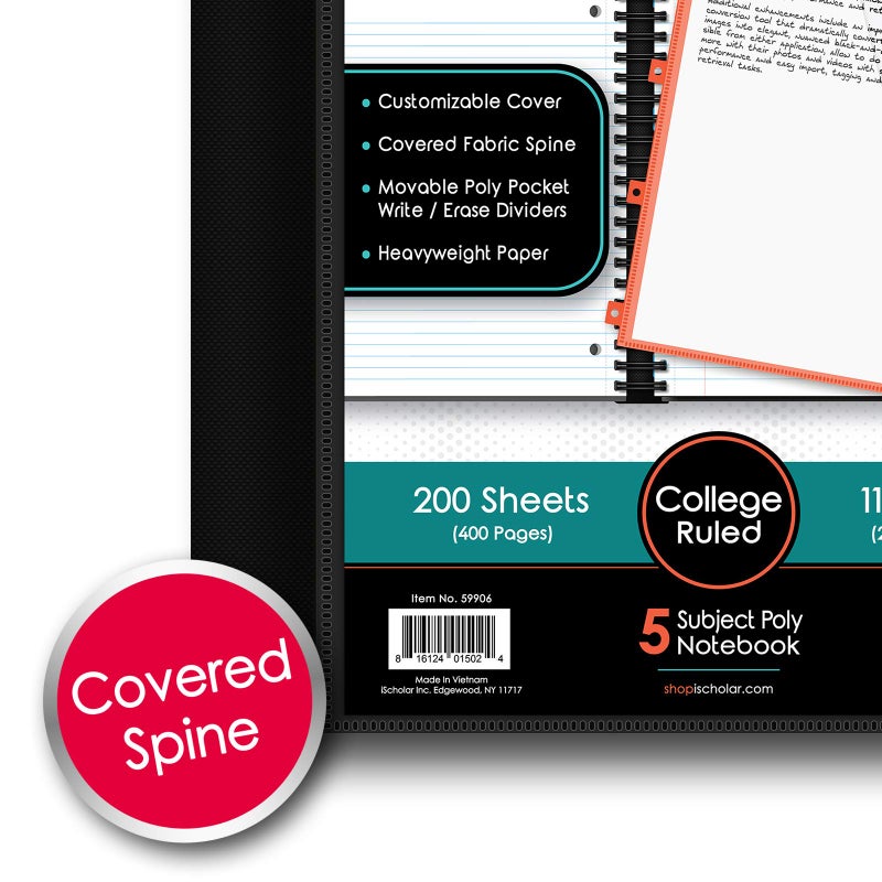 iScholar IQ+ iScholar 5-Subject Poly Cover Wirebound Notebook, College Ruled, 11 x 8.5 Inch Sheet Size, 200 Sheets, Red (59906-RE), 5 Subject - Image 3